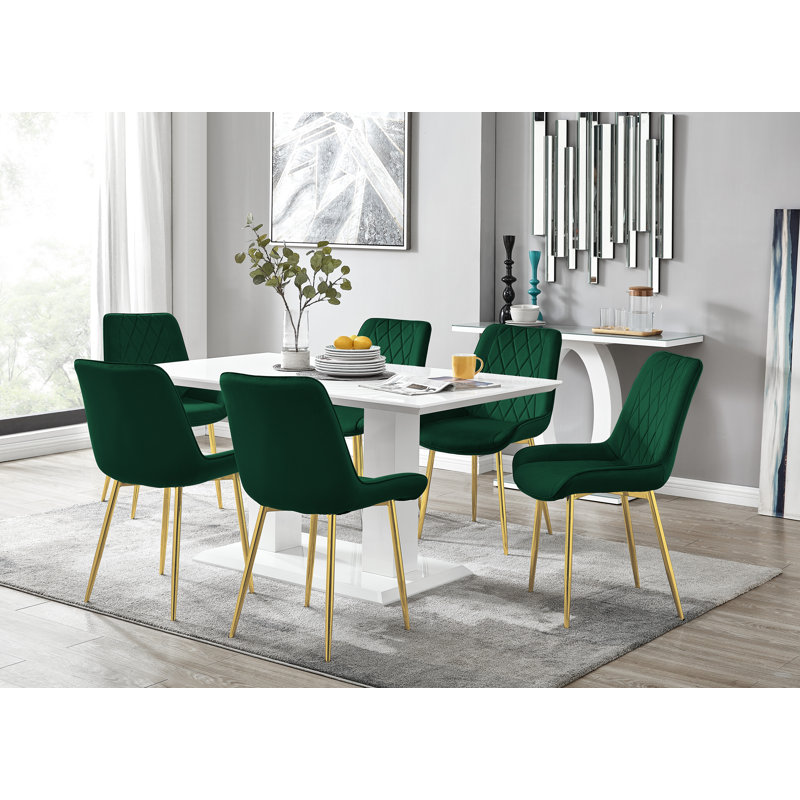Edzard Double Pedestal High Gloss Dining Table Set with 6 Luxury Velvet Dining Chairs, Green/Gold, White