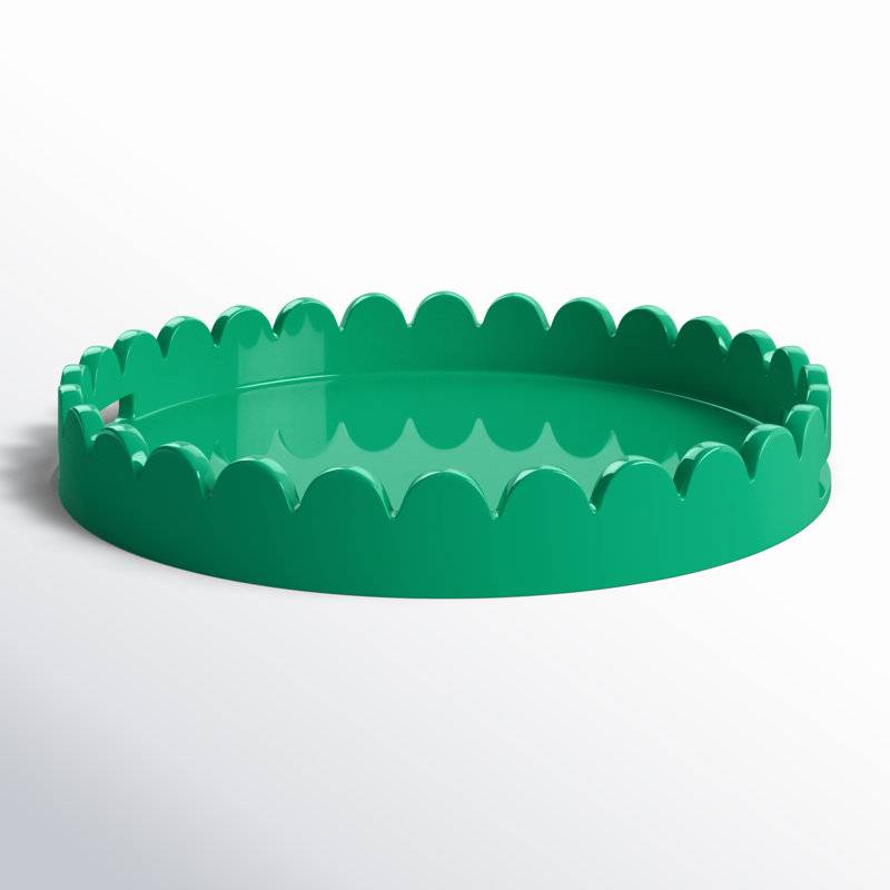 Effa Hand-Crafted Round Scalloped Wood Tray, Emerald Green