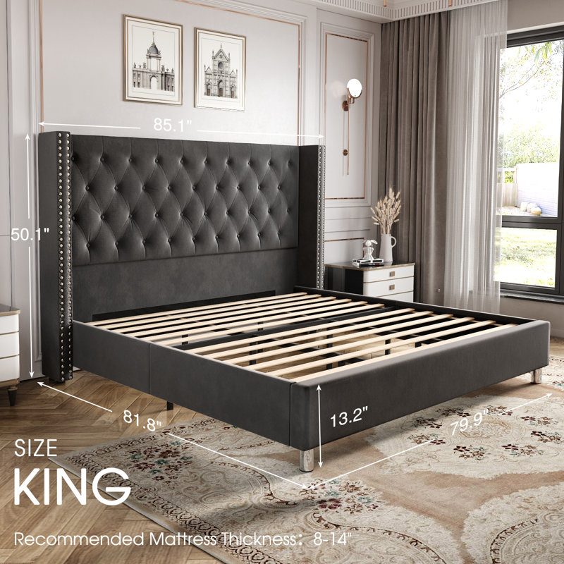 Ariste Upholstered Wingback Bed, Gray