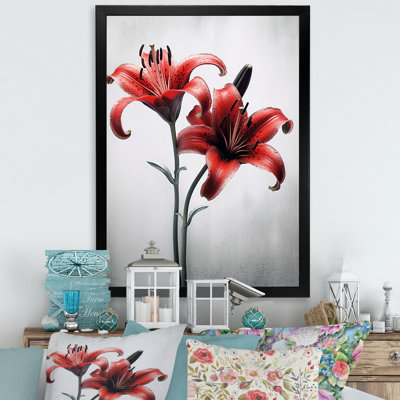 Pétales de lis rouges et gris sur toile