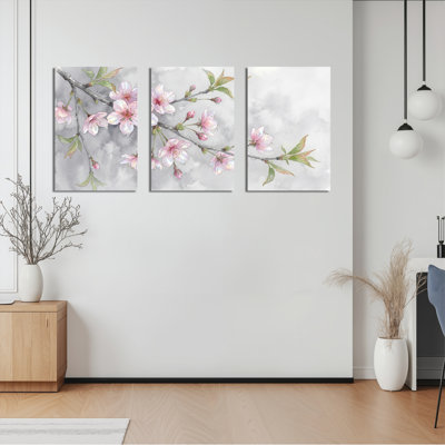 Cerisier en fleurs, ensemble de 3 reproductions d'art sur toile tendue à l'aquarelle pour salon, chambre à coucher ou bureau