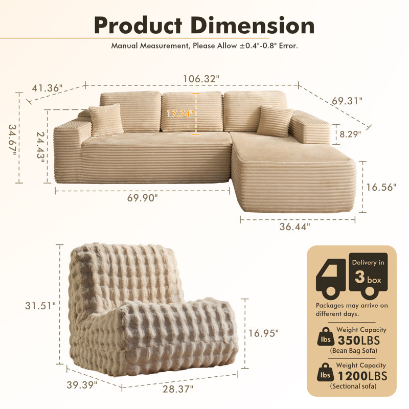 Ensemble de salon modulaire sans assemblage en L 3 pièces avec méridienne et fauteuil à billes sans accoudoirs Hogle, Beige
