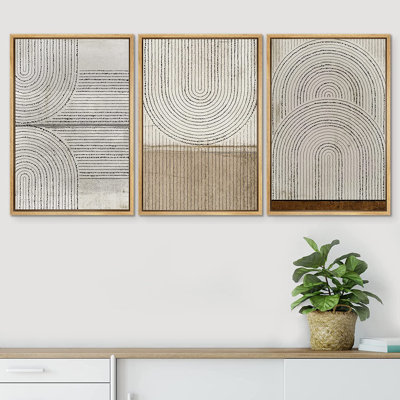 Mid Century Modern Boho " Geometric Circle Lines Wall Decor, Abstract Cozy Neutral Pictures, Framed 3 Pieces Set Graphic Art, Giclee Canvas Digital Print Wall Art "
