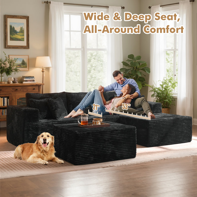 No Assembly Required Compression Packed 3-piece Cloud Modular Upholstered Boneless Sectional Sofa, Black Corduroy