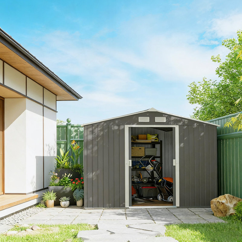 Remise de jardin en métal, remise extérieure, H 75,5 po x l 109 po x P 76,8 po, Gris clair