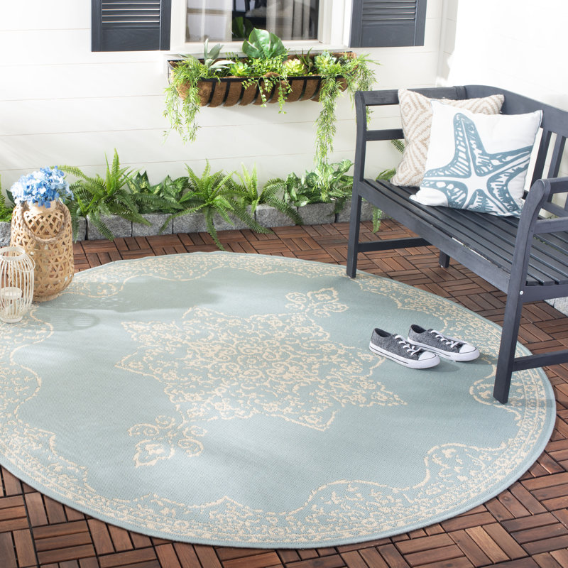 Danya Oriental Cream/Aqua Indoor/Outdoor Area Rug, Round 6'7"