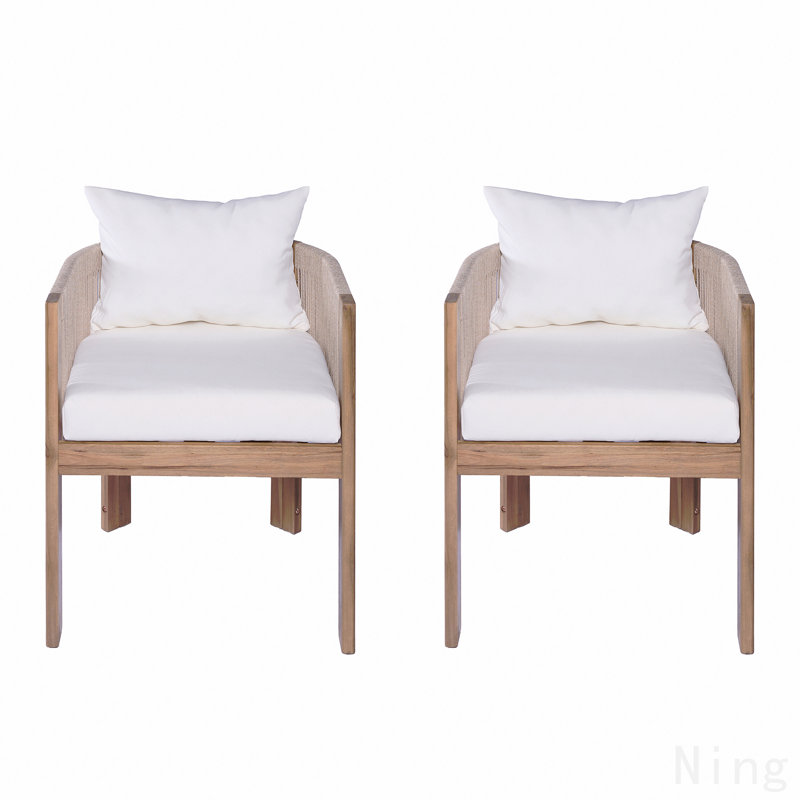 Chaise de salle à manger d'extérieur en bois, corde beige avec coussin beige, ensemble de 2