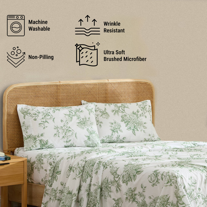 Queen Blue Floral Microfiber Bed Sheet Set
