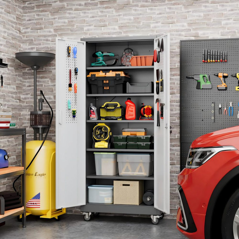 72" H Garage Storage Cabinets with Wheels,Metal Storage Cabinets with Door Pegboard for Garage Home Office Storage,Assembly Required