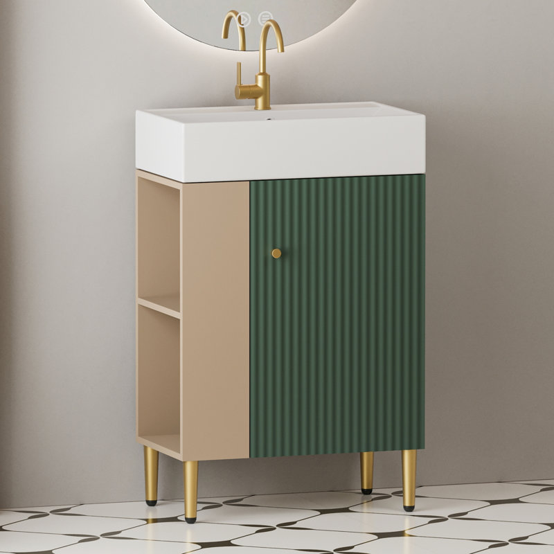 Freestanding Bathroom Vanity with Ceramic Sink and Storage, Green/Light Brown