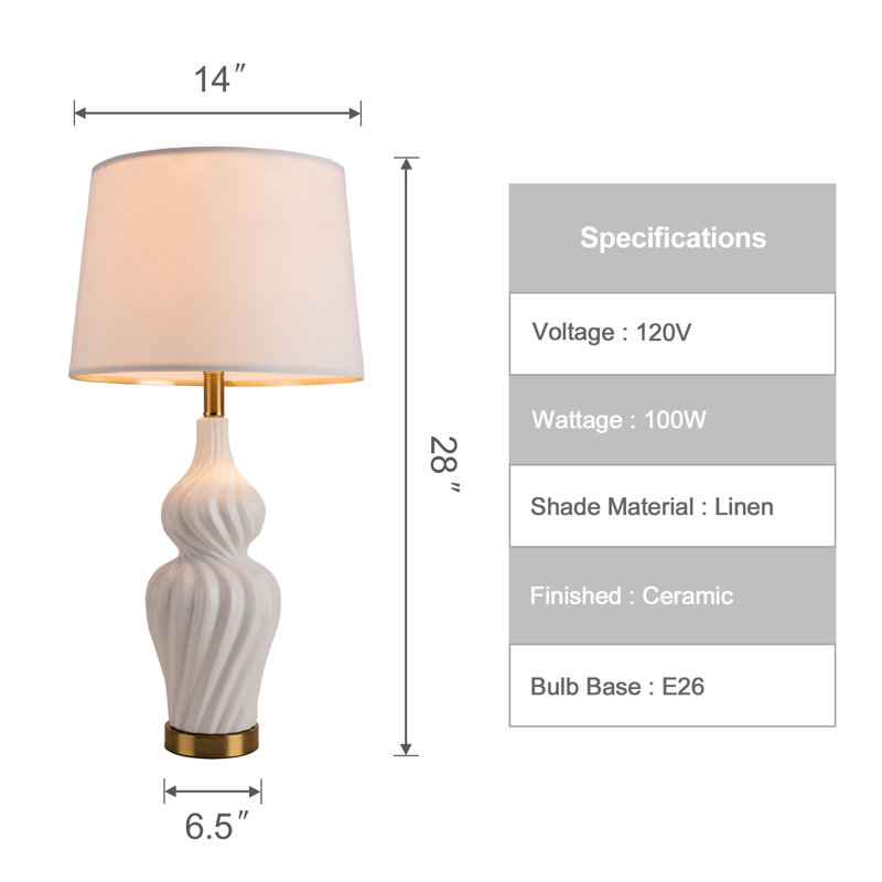 Set of 2 White Ceramic Bedside Lamps with Linen Drum Shades