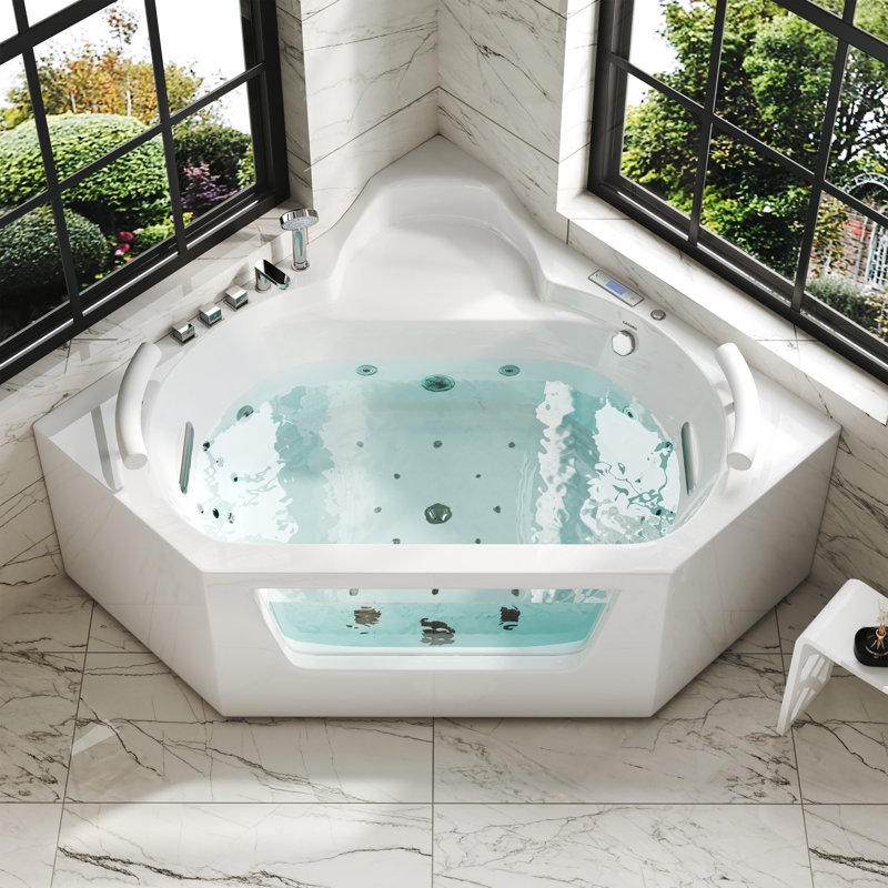 Baignoire tourbillon à alcôve en alcôve de 61,8 po en cascade, baignoire d'angle en acrylique et lumières DEL de chromothérapie CASAINC