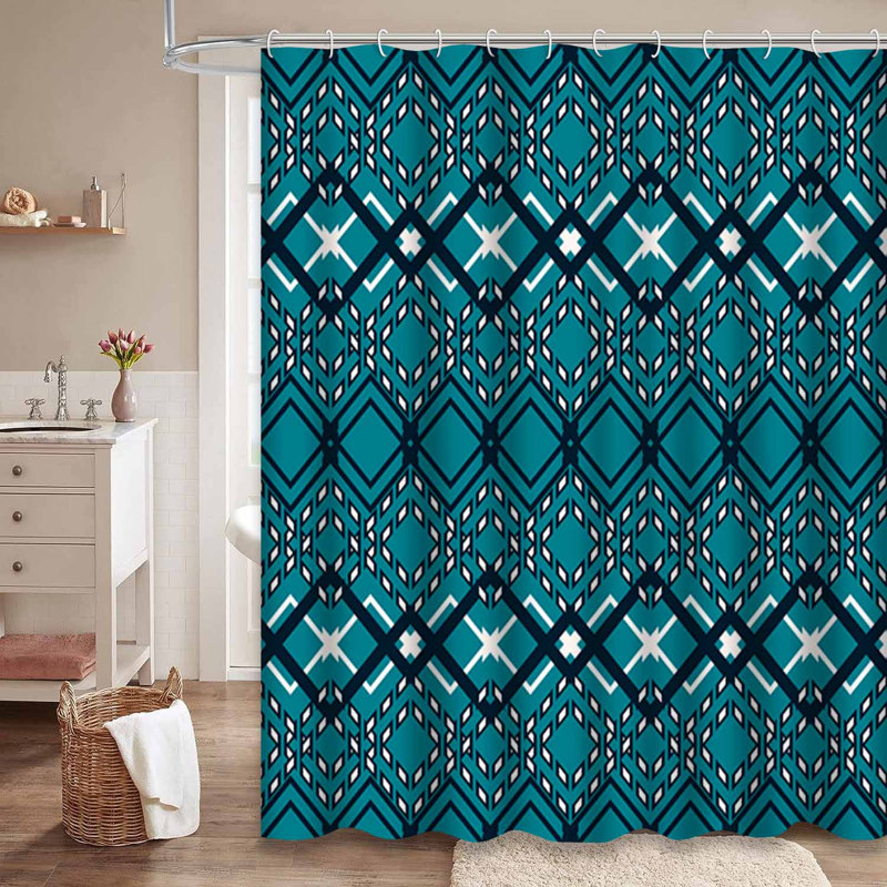 Rideau de douche géométrique blanc à zigzag et bleu avec 12 crochets, L 72 po x l 78 po