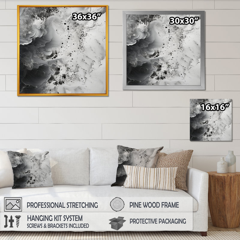 Peinture abstraite crème et noire liquide I - reproduction d'art sur toile abstraite, H 30 po x l 30 po x P 1 po