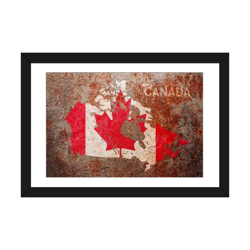 'Canada Flag Map' by Michael Tompsett Graphic Art on Canvas, 16" H x 24" W x 1" D, Black Framed Fine Art Paper, White