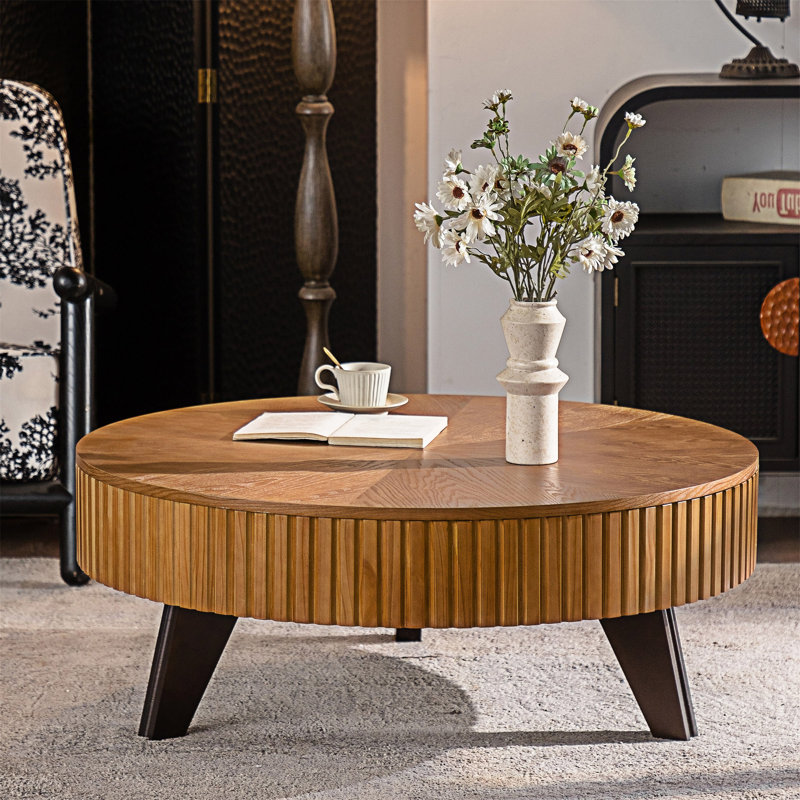 Table basse ronde avec rangement, 15.74' H x 39.41' L x 39.41' W, Naturel, Noir