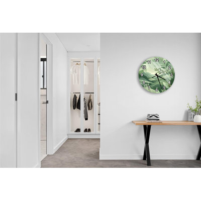 Green Floral Tempered Glass Wall Clock, Nature Inspired Timepiece, Botanical Home Decor, Decorative Wall Art, Round Clock