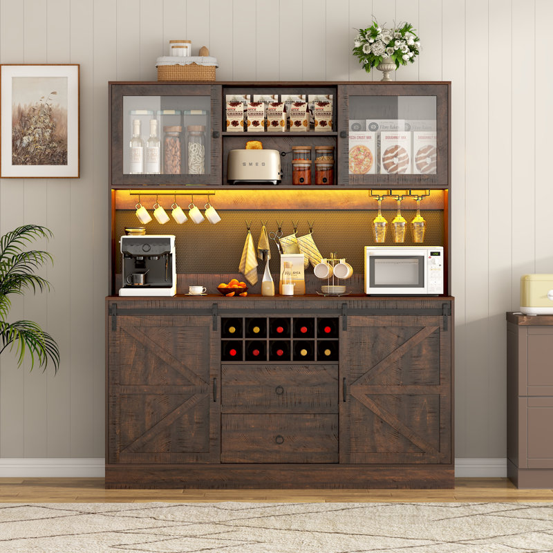 63.05" Bar Cabinet With Outlet, Wine Rack, Drawers And Hook, Rustic Brown