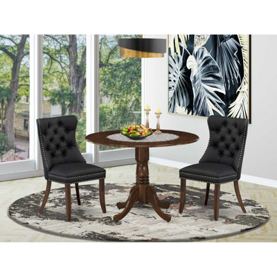 3-Piece Antique Walnut Finish Solid Wood Top-Round Upholstered Dining Room Set with Dropleaf-Seats 4