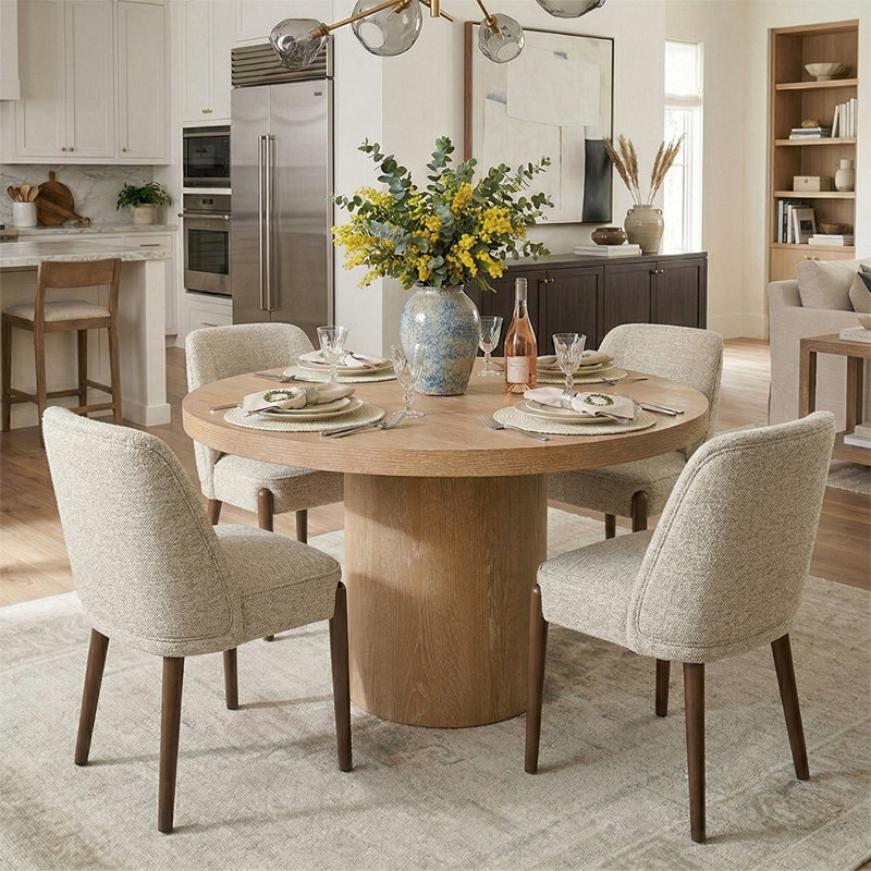 4 - Person Dining Table Sets With Solid Wood Round Table & 4 Fabric Upholstered Chairs, Beige, Yellow