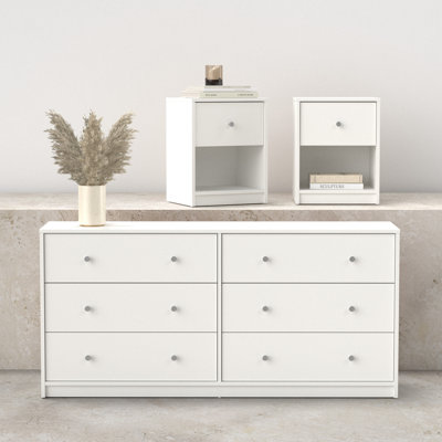 Ensemble de chambre à coucher 3 pièces - commode double 6 tiroirs et ensemble de table de chevet 2 pièces, blanc