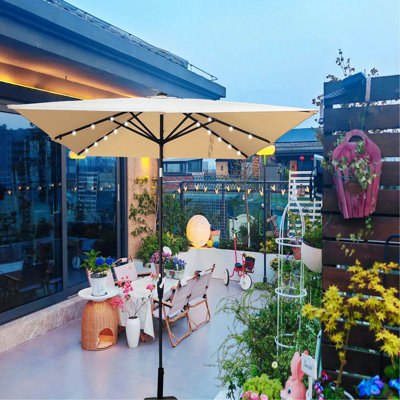 Parasol carré carré de 8X2,5M avec parasol solaire 8 lumières à DEL avec manivelle et base transversale pour terrasse de jardin