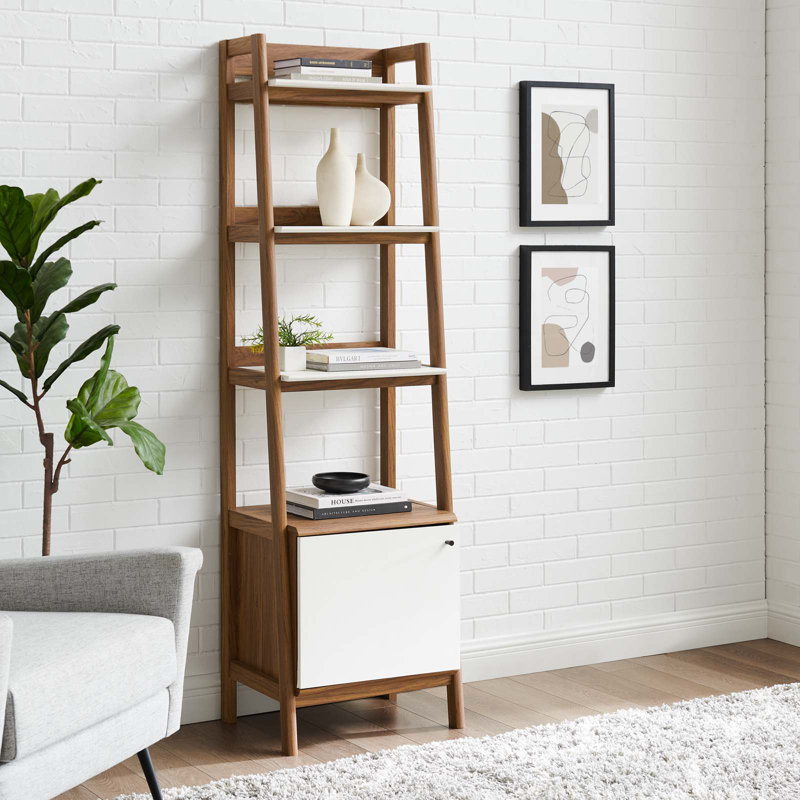 Walnut White 71" Tall Ladder Bookshelf with Concealed Storage