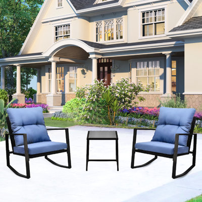3 Pieces Outdoor Furniture - Blue Cushioned Patio Bistro Strong Metal Frame & Pe Lawn, Garden, Terrace Yard, Balcony