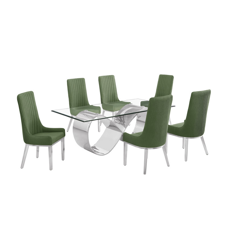Ensemble de salle à manger en verre trempé avec chaises à dossier plissé, Vert, Argent argent