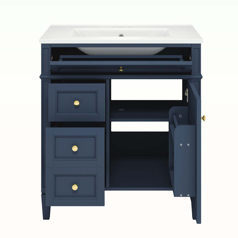 Armoire de rangement de salle de bain moderne avec 2 tiroirs et un tiroir basculant, lavabo supérieur