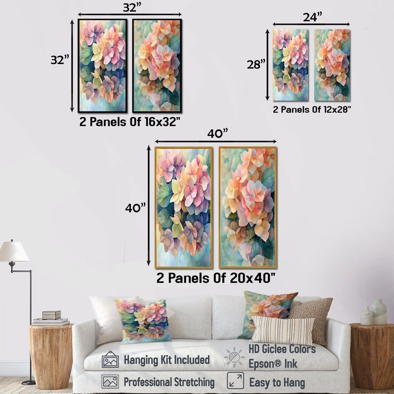 Hydrangées abstraites, été, réflexion I - impressions sur toile florales, 2 pièces, H 40 po x l 41 po, Cadre flottant blanc