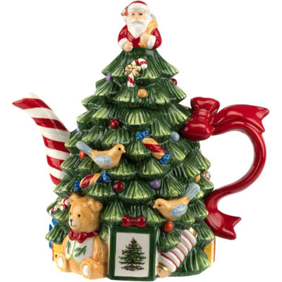 Christmas Tree Figural Teapot - Festive Christmas Teapot With Mistletoe Accents, Peppermint Stripe Spout, And Ribbon Handle - Decorative Dolomite Tea Pot For Holiday Tea Parties