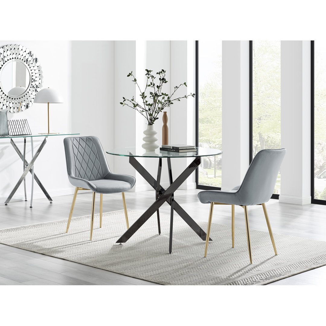 Bernell Glass And Chrome Metal 2 Seat Round Dining Set With Luxury Velvet Dining Chairs