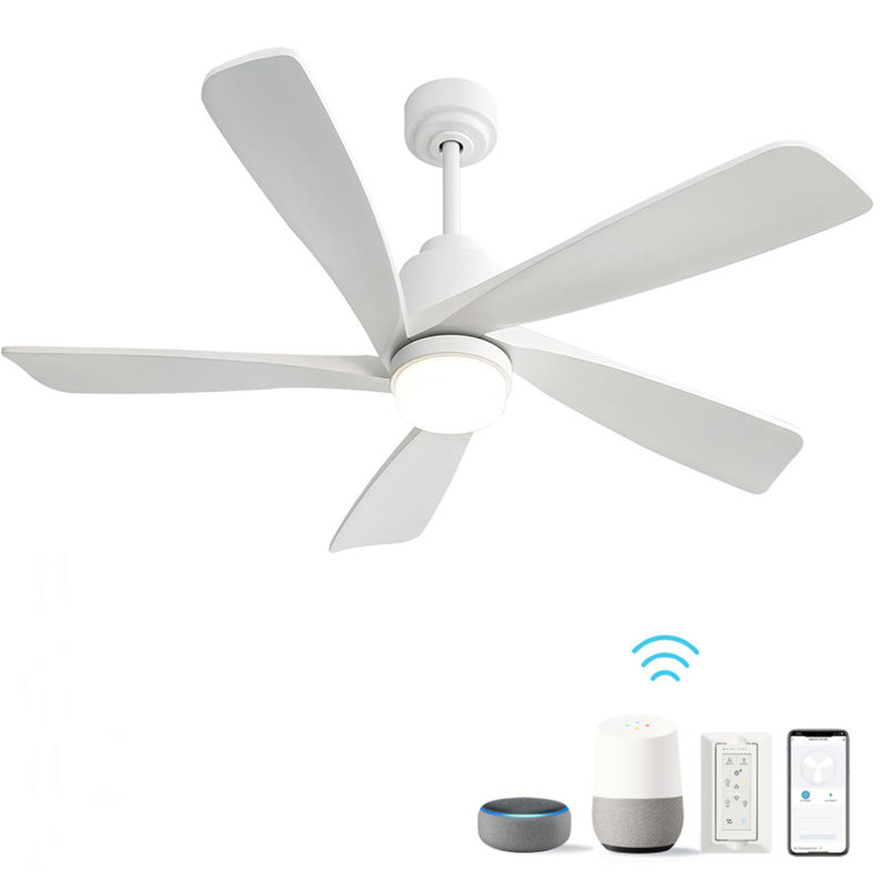 Ventilateur de plafond moderne de 52 pouces avec lumière à DEL à intensité variable et 5 pales en bois massif avec télécommande et moteur à courant continu réversible