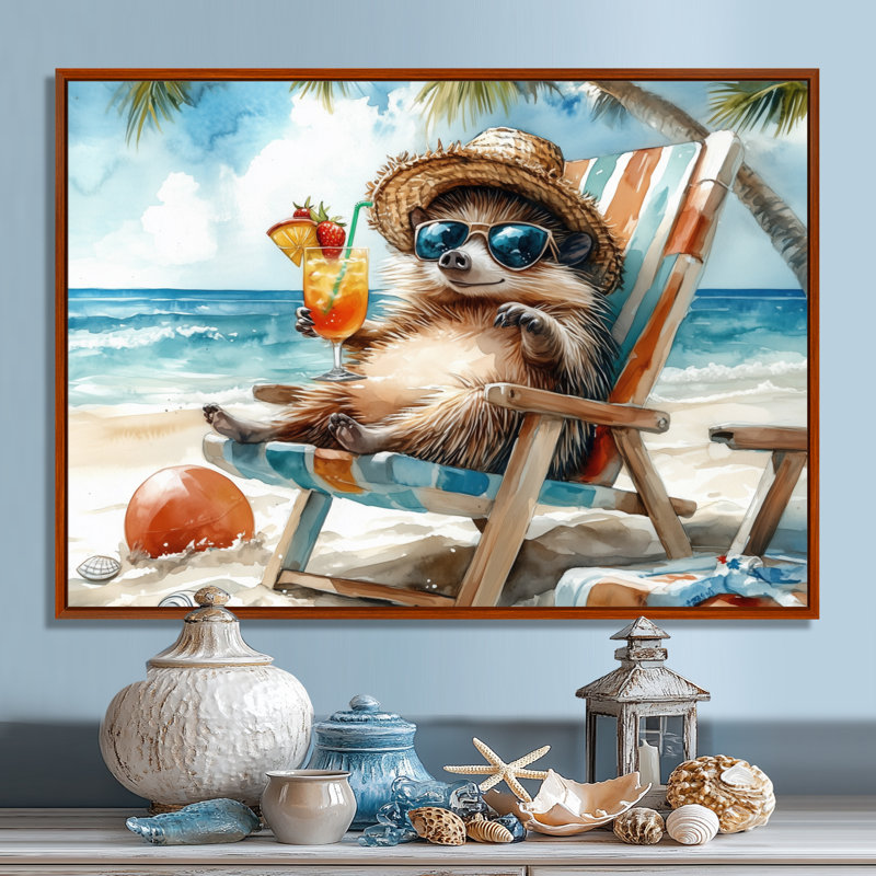 Hérisson sur la plage - Art mural animaux côtiers, Brown Floater Framed, H 16 po x l 32 po