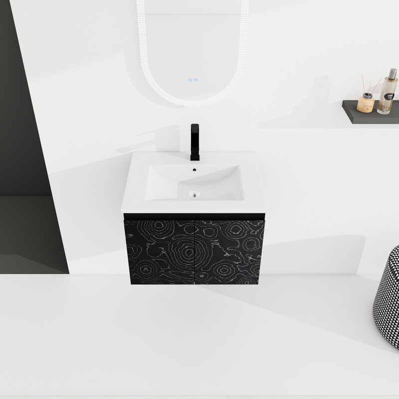 Meuble-lavabo de salle de bain avec lavabo en céramique et 45 poignées à bords inclinés - Lavabo moderne de 24 po flottant - Finition beauté durable