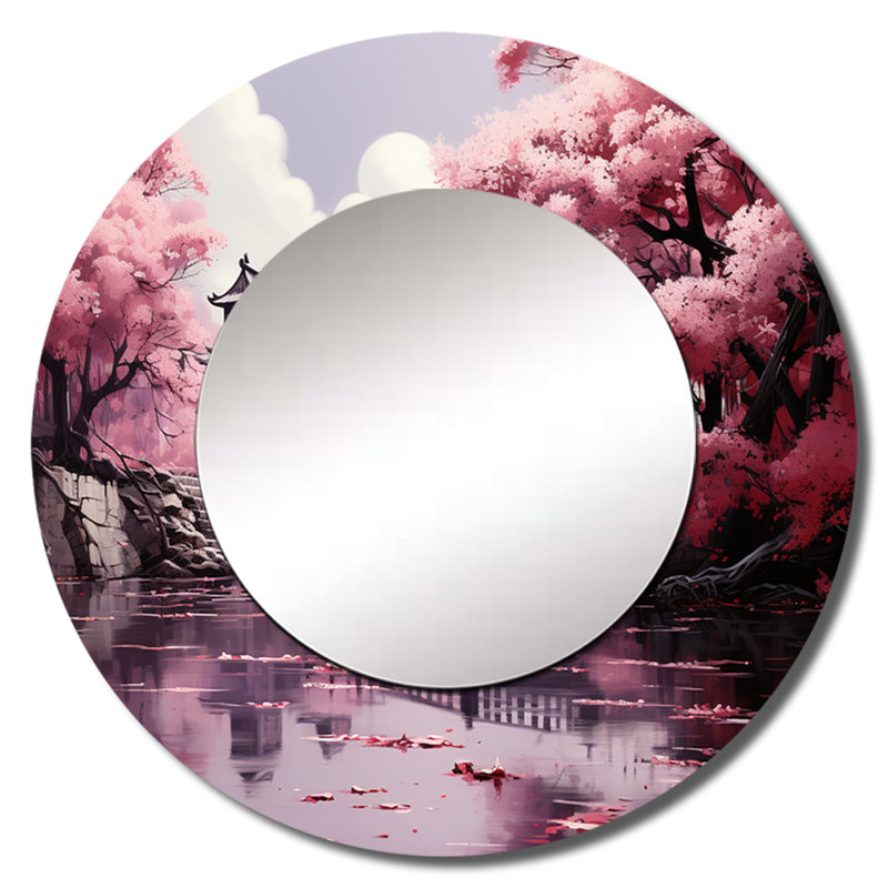 Japon, art de cerisier rose pont - Japon Art Unique miroir mural décoratif, grand miroir rond rose, art imprimé en métal