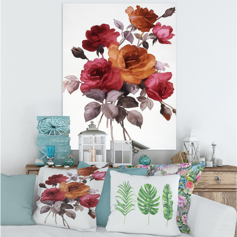 Rétro orange et roses rouges - peinture sur toile, H 20 po x l 12 po x P 1po, Toile tendue
