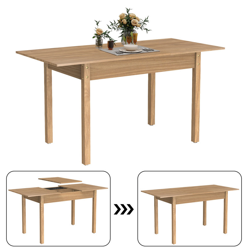 Extendable Dining Table With Large Tabletop, Kitchen Wood Desk With 4-8 Seats, Space Saving, Wood, Natural Wood