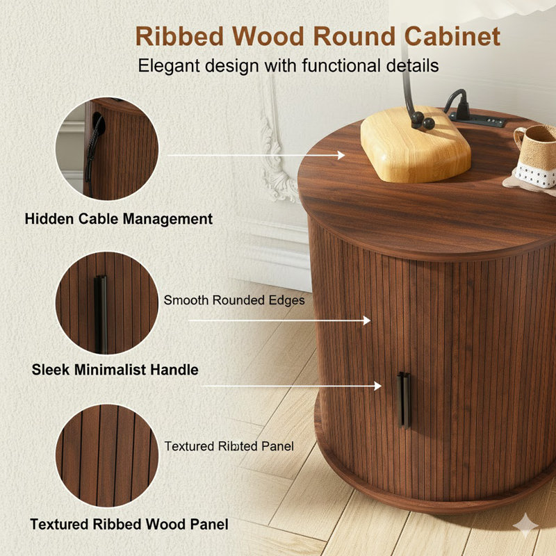 Mid Century Modern Cylinder End Table With Built-In Charging Station & Sliding Door, 2-Tier Storage Round Nightstand With USB Ports, Walnut Bedside Table For Living Room, Bedroom, Entryway