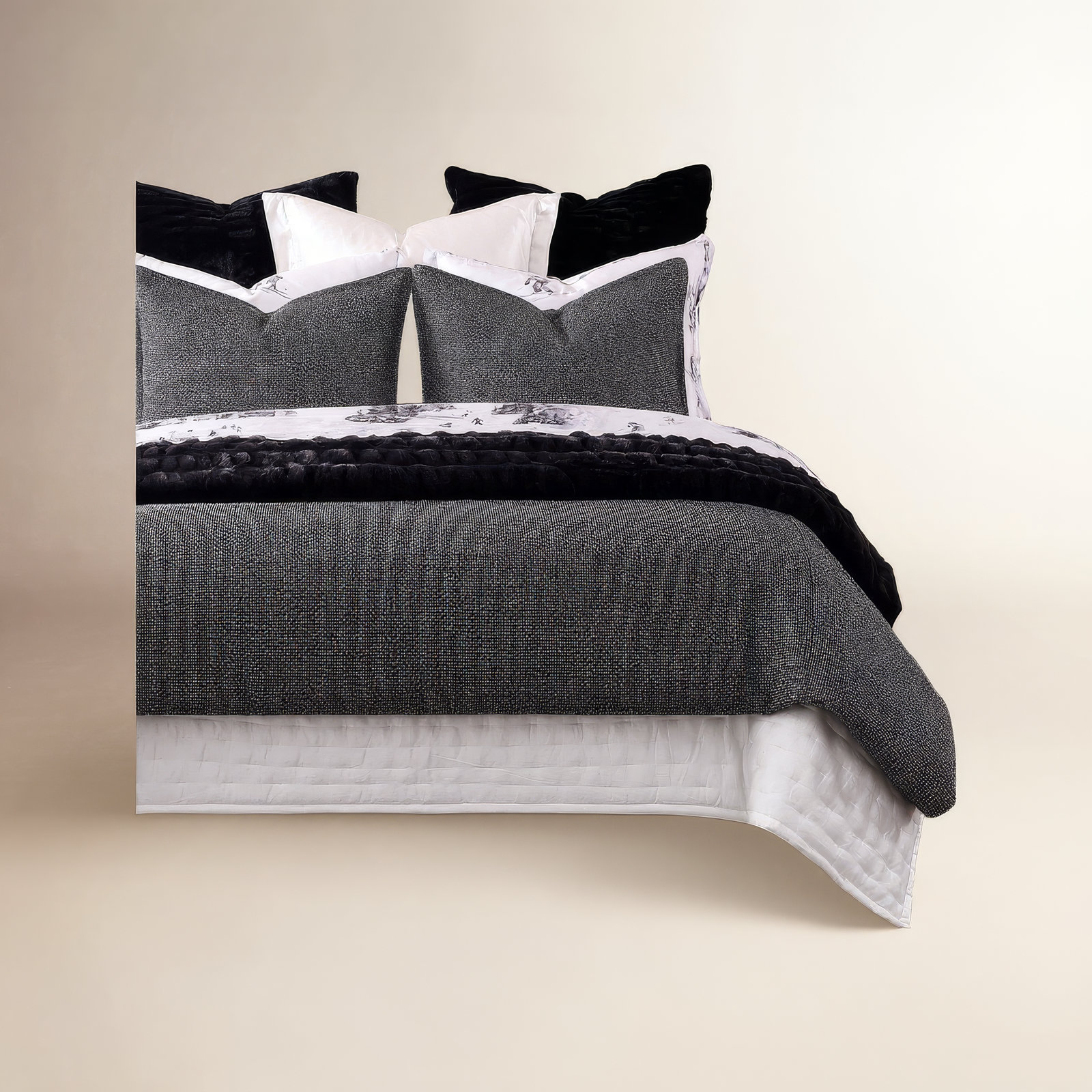 Tweed Cotton Comforter Set, King Comforter + 2 King Shams, Black