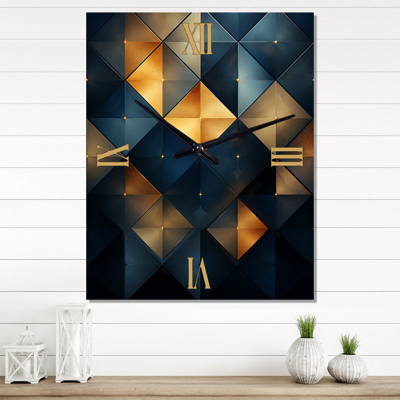 Golden Diamond se levant sur rétro bleu marine II - très grandes horloges murales géométriques modernes