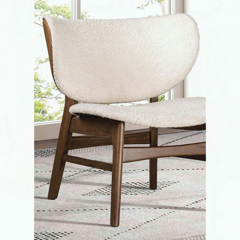 Fauteuil à oreilles de style Mid-Century, tissu bouclé et structure en noyer