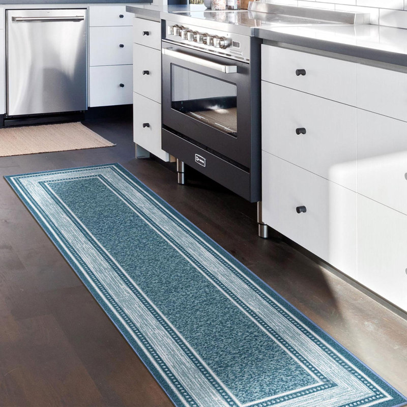 Ottohome Non-Slip Bordered Area Rug For Living Room, Hallway, Entryway Rug, Blue, Runner 1'10" x 7'