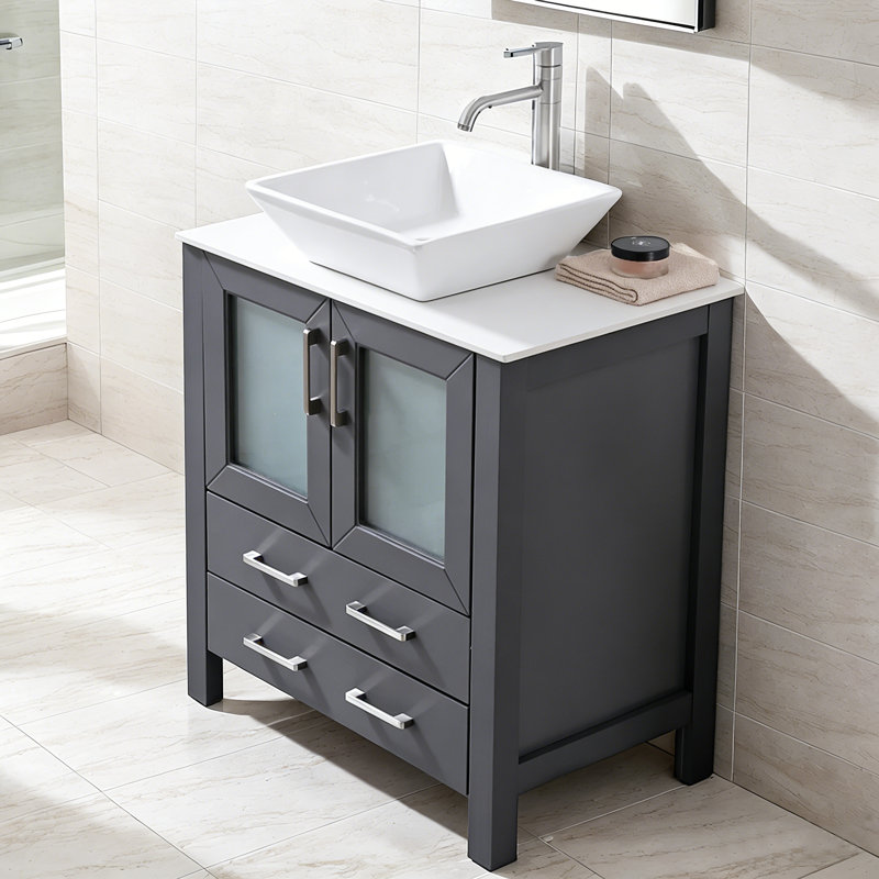 30" Modern Bathroom Vanity with Ceramic Vessel Sink, Double Ribbed Glass Doors & 2 Storage Drawers, Freestanding Dark Gray Vanity Set