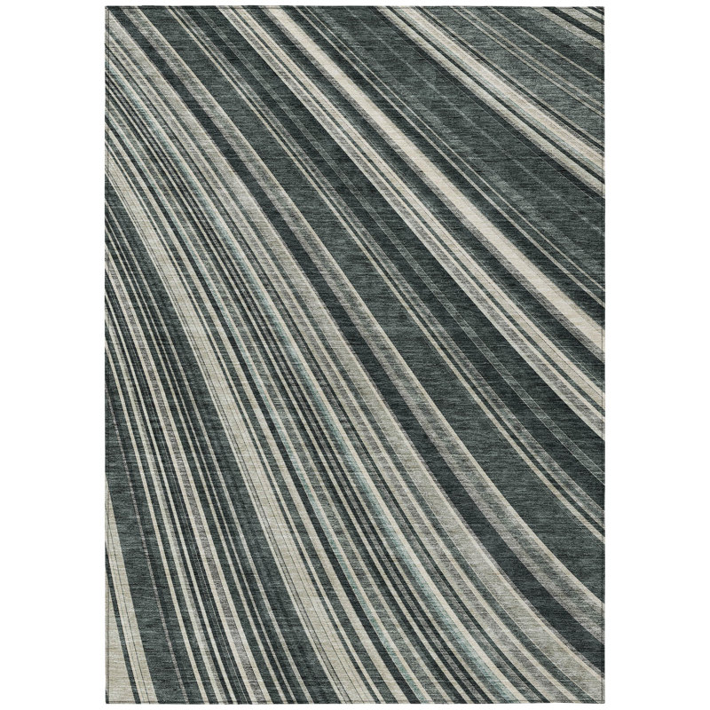 Black and Gray Striped Synthetic Washable Rug, 3' x 5'