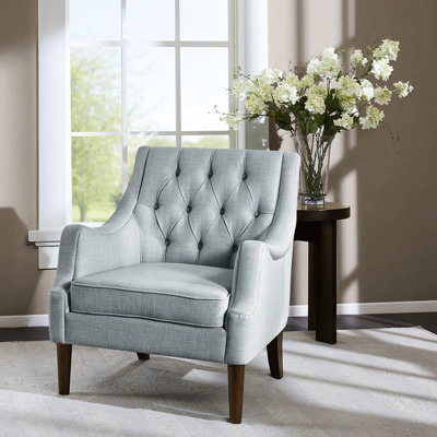 Chaise avec accoudoirs à boutons Dusty Blue, base en bois massif, mousse transitionnelle à coussin de mousse haute, revêtement,
