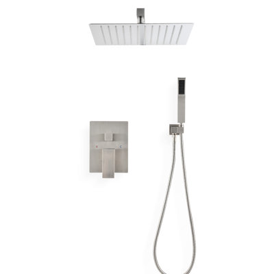 Système de douche à fixation au plafond - Tête et douchette de 10 po, laiton, simulant un effet de pluie naturelle, buse autonettoyante, correspond aux raccords de tuyaux standard américains