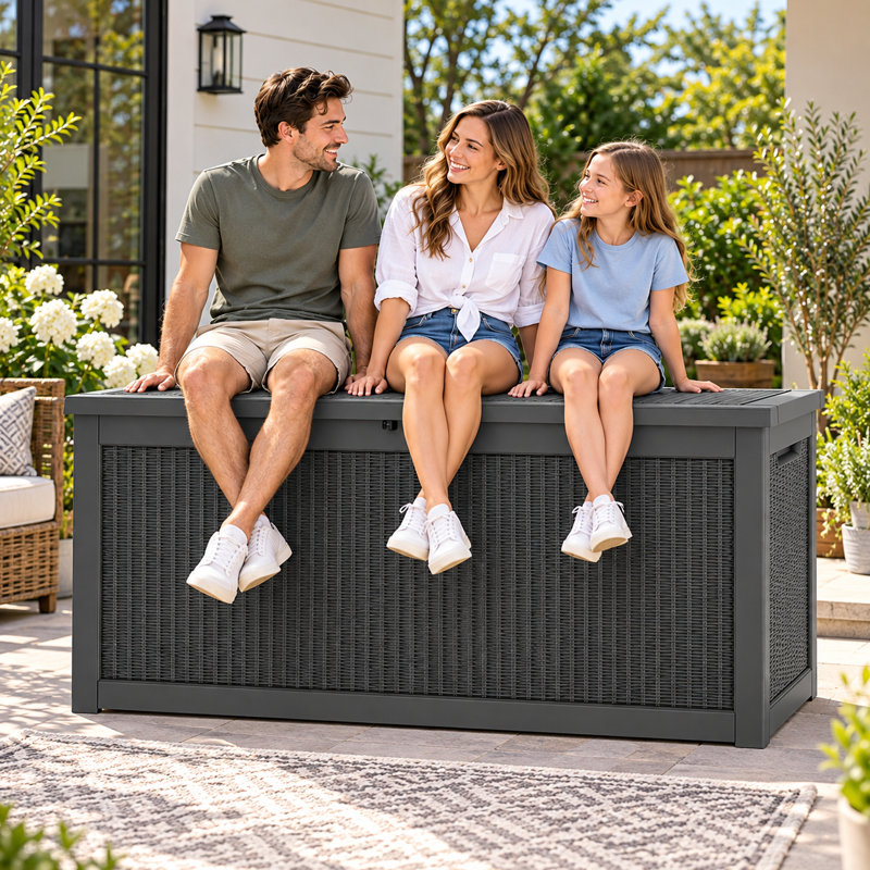 Coffre de rangement extérieur de 350 gallons (1 325 litres), très grand coffre de terrasse en résine résistant aux intempéries avec couvercle verrouillable, capacité de charge maximale de 454 kg (1 000 lb) pour coussins de patio, outils de jardin, accessoires de piscine et équipement de plein air