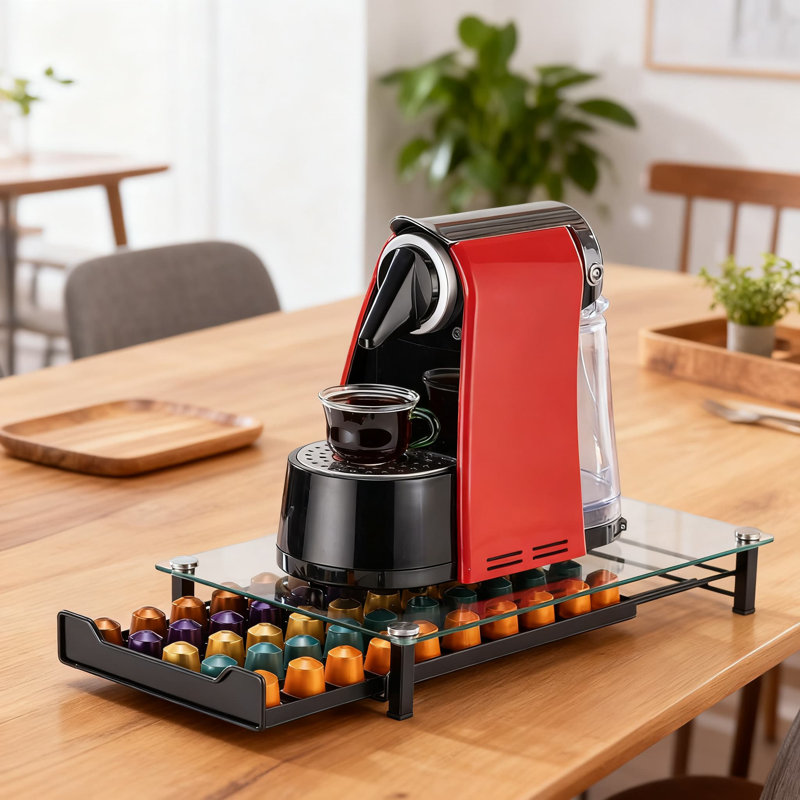 Organisateur de capsules Original avec plateau en verre trempé et tiroir de 50 dosettes pour le comptoir de cuisine